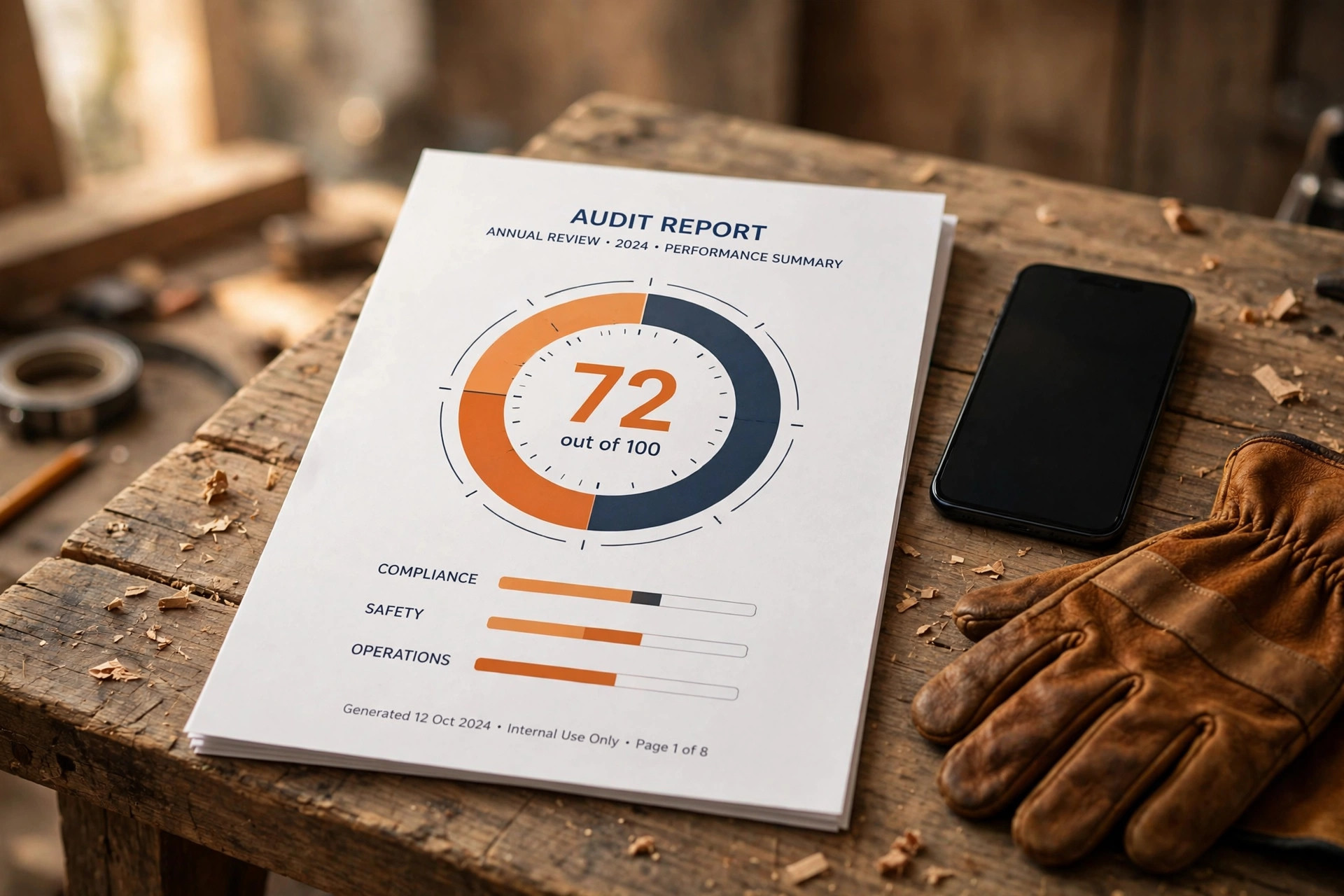 Sample audit report with a Shop Score gauge — illustrative mockup
